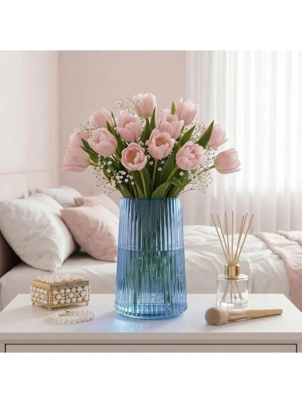 8 Inches Modern Blue Glass Vase Flower Bouquet Living Room Bedroom Home Deco
